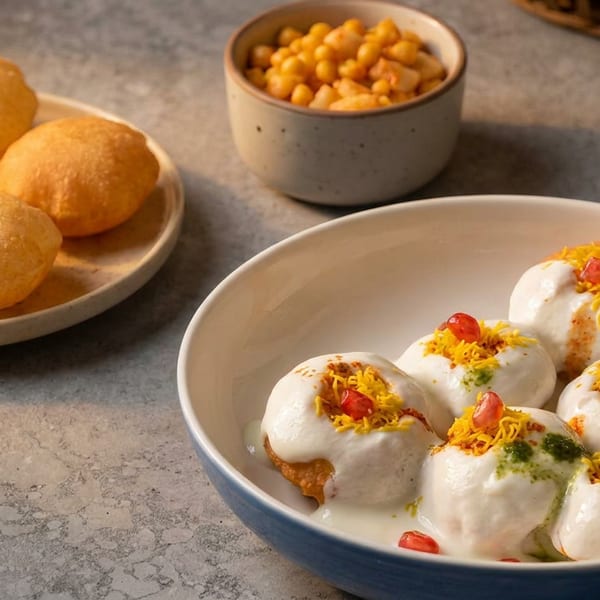 Dahi bhalla with yogurt, sev, and pomegranate, alongside golden puri and chickpeas.