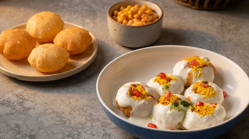 Golden puris, dahi bhalla with yogurt, sev, and pomegranate, and a side of chickpeas.