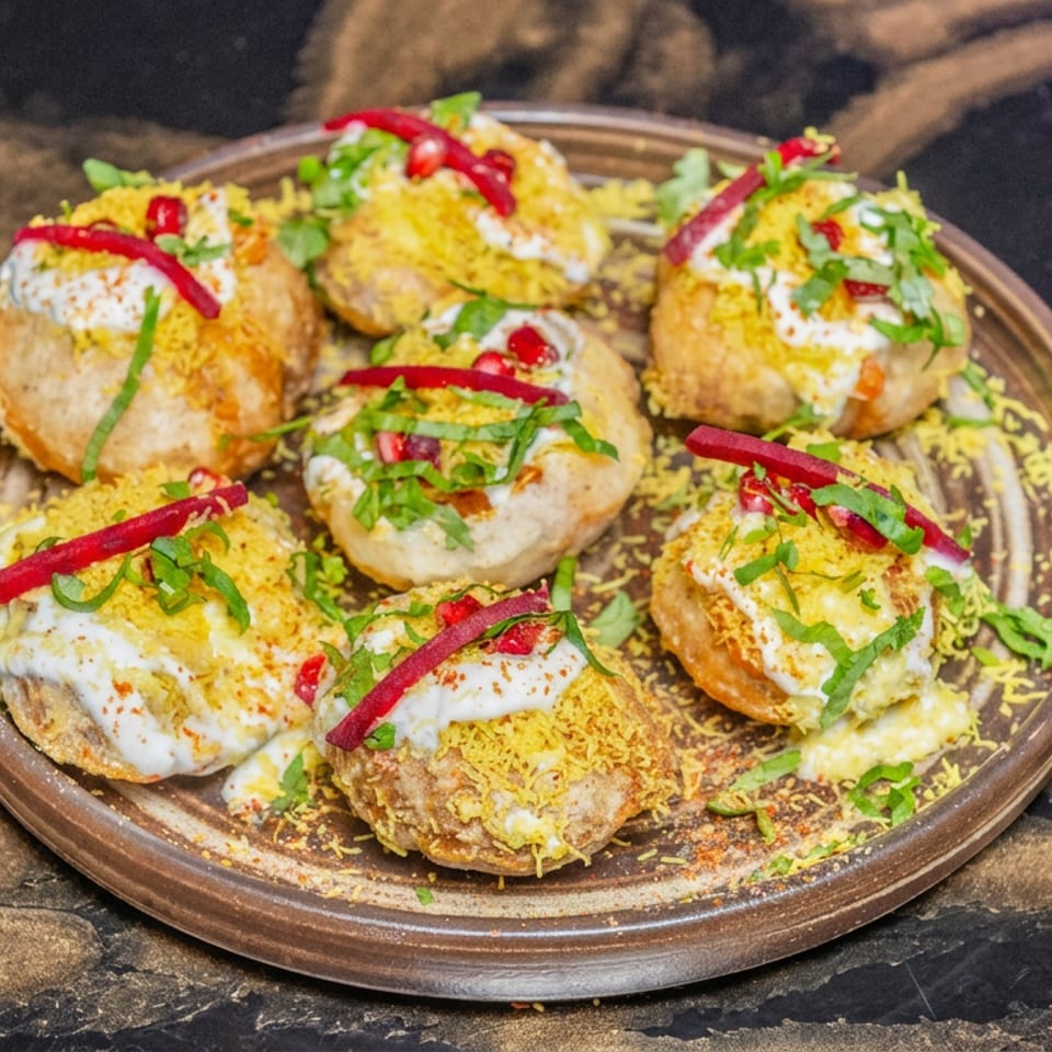 Seven Dahi Puri topped with yogurt, sev, herbs, and red garnishes on a dark table.