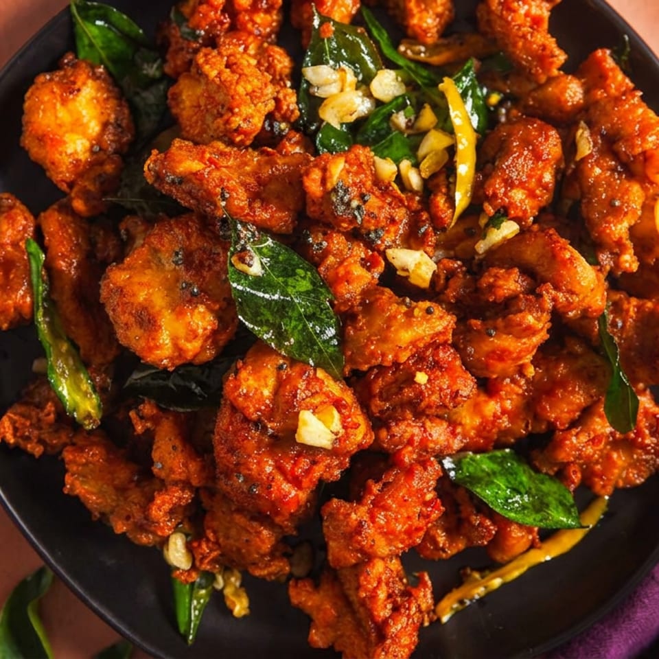 Crispy fried chicken pieces on a black plate, garnished with curry leaves, garlic, and chilies.