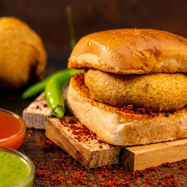 Vada Pav with green chilies, red and green chutneys, and two fried fritters.