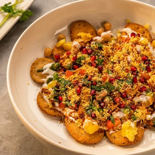 A vibrant bowl of Indian chaat with crispy papdi, yogurt, pomegranate, chickpeas, and sev.