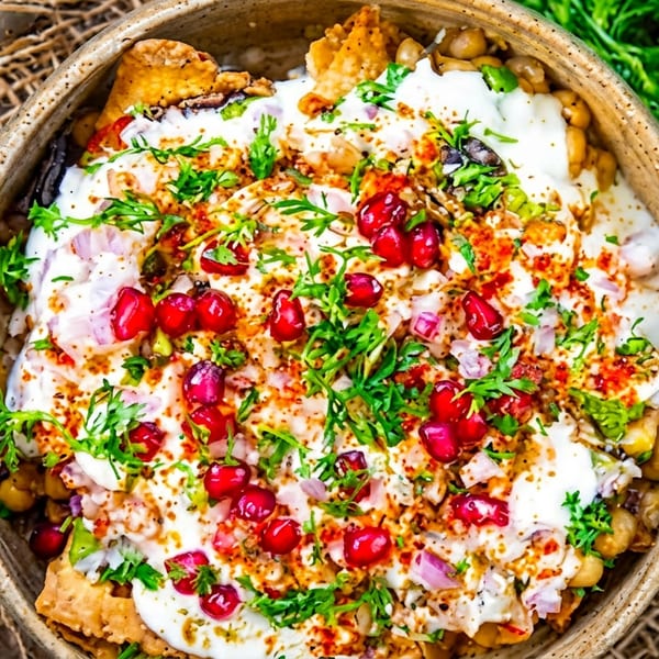 Overhead view of vibrant Indian chaat topped with yogurt, pomegranate, and fresh cilantro.