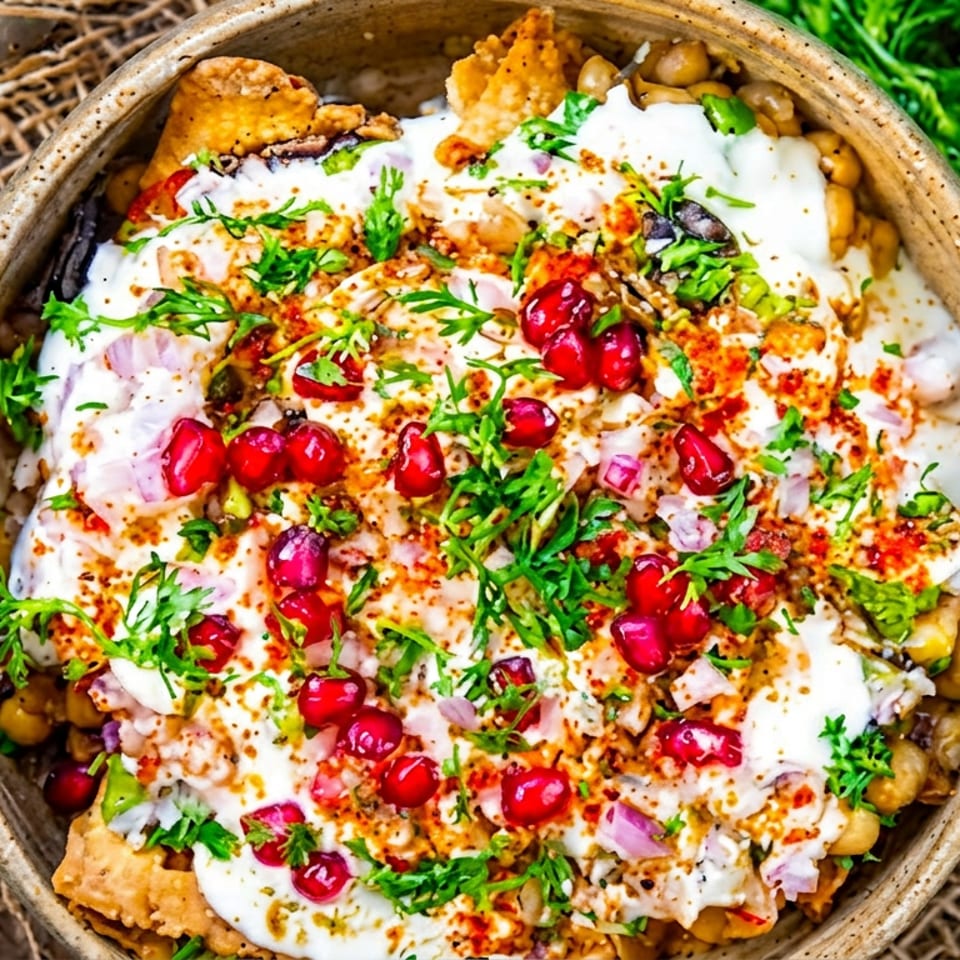 Overhead view of vibrant Indian chaat topped with yogurt, pomegranate, and fresh cilantro.