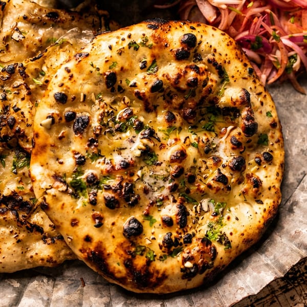 Garlic naan with charred spots and fresh herbs, served with red onion salad on a metal plate.