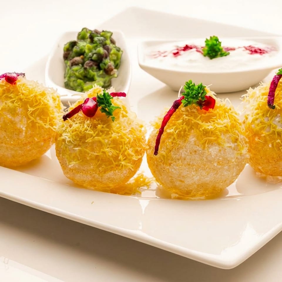 Golden pani puri topped with sev, herbs, and red garnish, served with green and white dips.