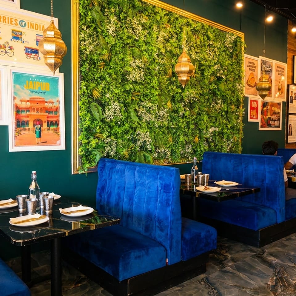 Vibrant restaurant interior with blue velvet booths, a large green wall, and Indian-themed artwork.