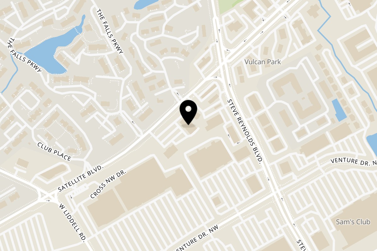 Map showing the location of Desi Tadka Duluth on 3890 Satellite Blvd Ste 101 in Duluth